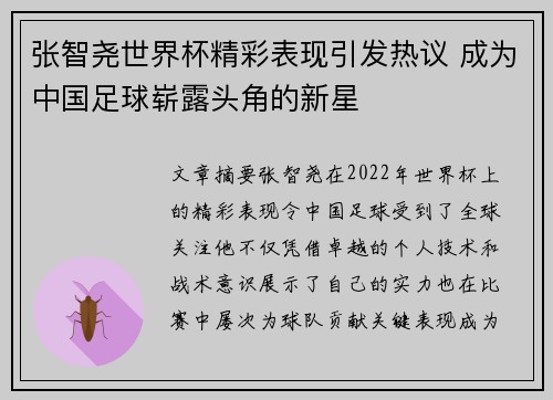 张智尧世界杯精彩表现引发热议 成为中国足球崭露头角的新星 张智尧世界杯精彩表现引发热议 成为中国足球崭露头角的新星
